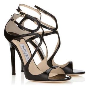 Jimmy Choo Lance Black Patent Leather Strappy Celebrity Sandals Heels 38.5